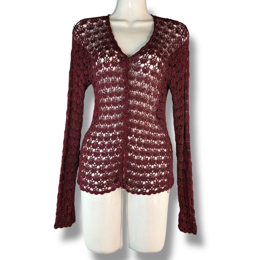Vintage 90s Burgundy Crochet Button Up Long Sleeve Cardigan Whimsy Fairy Size M